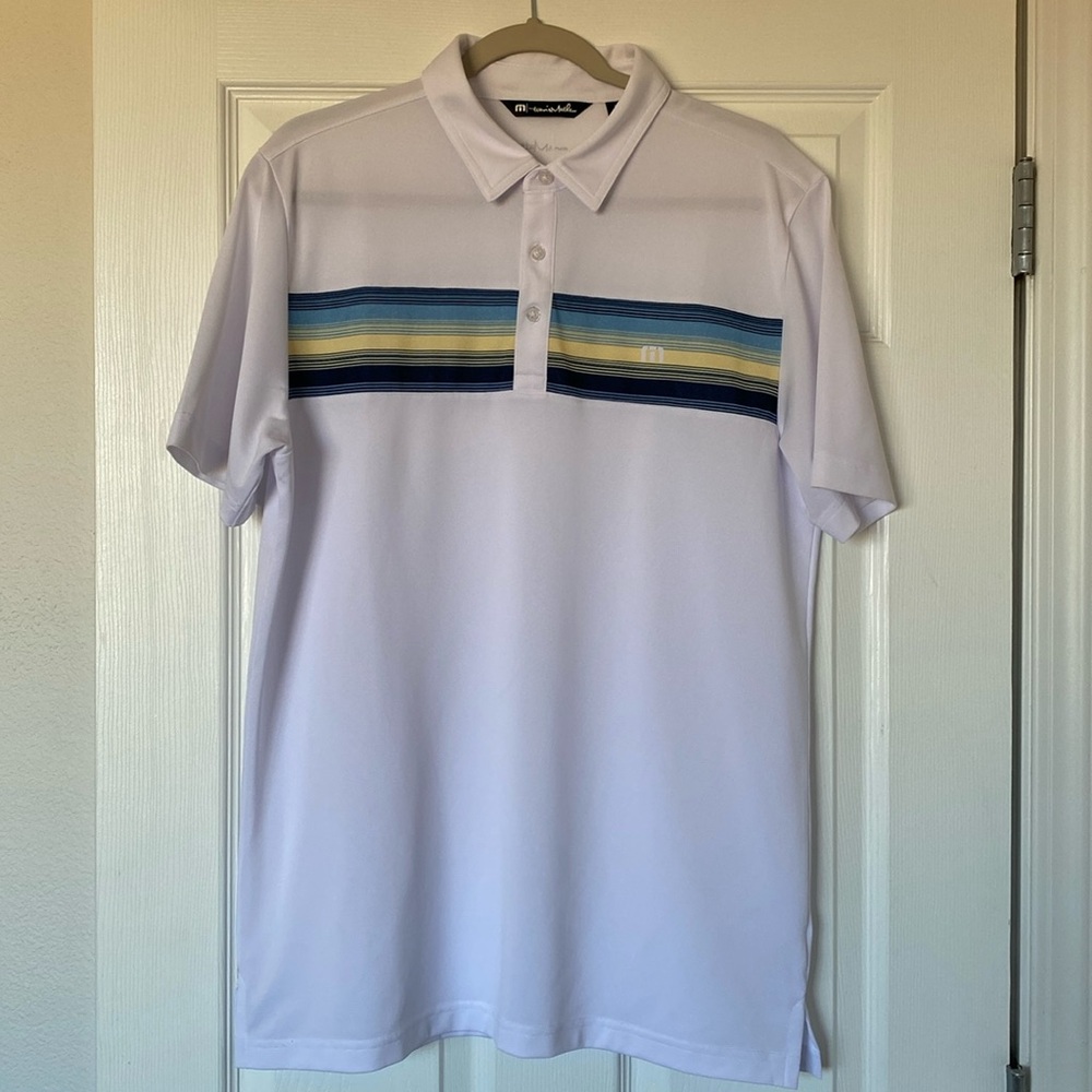TravisMathew Golf Polo Shirt Men’s Size Large White with Blue & Yellow Detail